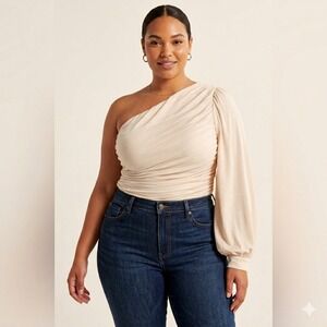 XPLUSWEAR Cream One Shoulder Ruched Puff Sleeve Top XL NWT